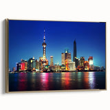 Framed canvas wall art of Shanghai skyline in muted gold and black tones, ideal for bedroom decor.