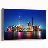 Framed canvas of a vintage Shanghai landscape painting in colorful hues, ideal for living room decor.
