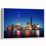 Vintage poster art of Shanghai skyline in vibrant colors on extra large framed canvas, ideal for living room decor.