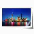 Extra large rolled print of Shanghai skyline in muted colors, ideal for dining room wall art.