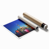 Extra large rolled print of Shanghai skyline with soft pastel shades, ideal for classy bathroom wall art.