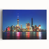 Black and white stretched canvas of Shanghai skyline, ideal for kitchen wall art.