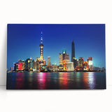 Black and white stretched canvas of Shanghai skyline with muted tones, ideal for kitchen wall art or bedroom.