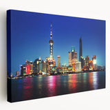 Large canvas print of Shanghai skyline in muted blue and gray tones, suitable for kitchen wall art.