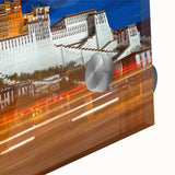 Large abstract wall art featuring a Tibetan landscape in muted earth tones on acrylic glass, suitable for dining room decor.