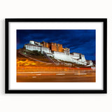 Extra large framed abstract art print depicting colorful, textured scenery of Tibet, ideal for living room decor.