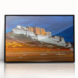 Large abstract wall art featuring a mid-century modernist style scene of Tibet, framed in black acrylic.