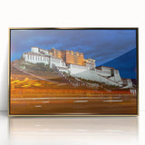 Framed acrylic print of a Tibetan landscape in muted gold and blue tones, ideal for modern art wall decor or a nursery.
