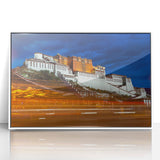 Framed acrylic print of a Tibetan landscape in muted earth tones, ideal for modern art wall decor.