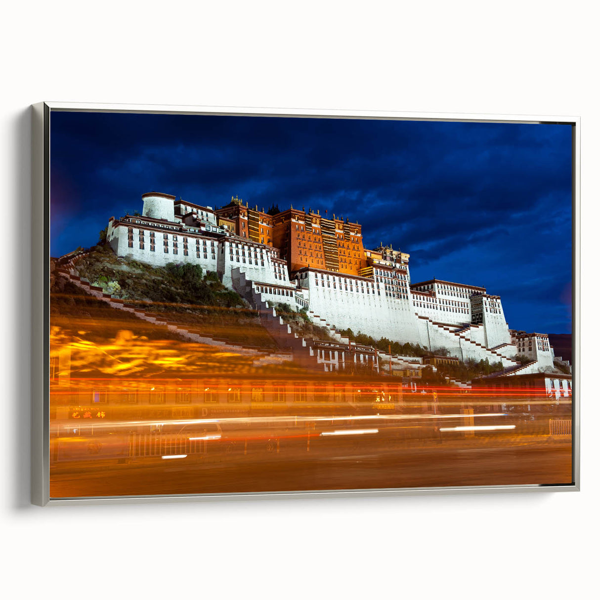 Framed canvas of a Tibetan landscape painting in colorful art style, ideal for adding a vintage touch to any room.
