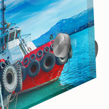 Large abstract wall art featuring geometric patterns in muted earth tones on acrylic glass, ideal for dining room ambiance.