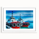 Abstract art print featuring muted earth tones and geometric shapes on a white-framed canvas.