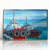 Large art print of an Asian landscape in muted green and gold tones on a framed acrylic, in a mid-century modernist style.