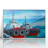 Art deco style poster depicting the Georgia skyline in muted blue and gray tones, framed acrylic.