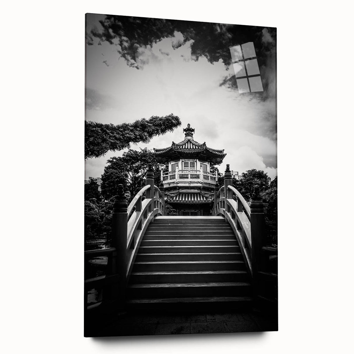 Acrylic print of large abstract Hong Kong skyline in muted gray and blue tones, suitable for bedroom or dining room art.