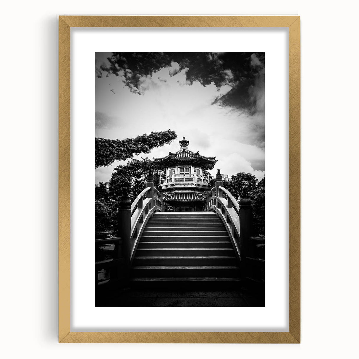 Extra large textured abstract art print of Hong Kong skyline in muted gold and gray tones, framed with a gold mat.
