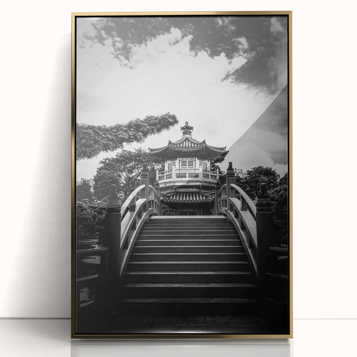 Framed acrylic print of Hong Kong scenery in gold tones, ideal for modern art wall decor.