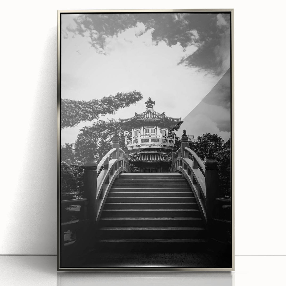 Framed acrylic print of Hong Kong skyline in mid-century modernist style with muted silver tones.