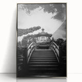 Framed acrylic print of Hong Kong skyline in mid-century modernist style with muted silver tones.