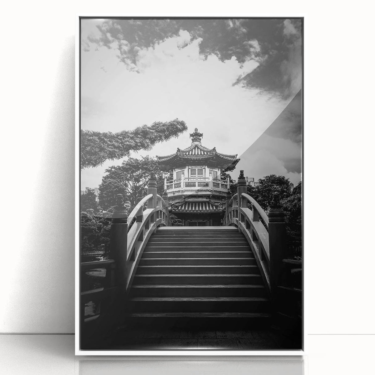 Art deco poster of Hong Kong skyline in muted gray and blue tones on a framed acrylic, ideal for modern bedroom ambiance.