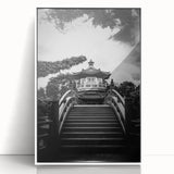 Art deco poster of Hong Kong skyline in muted gray and blue tones on a framed acrylic, ideal for modern bedroom ambiance.