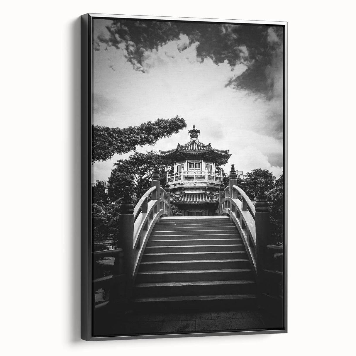 Framed canvas of black and white Hong Kong landscape, vintage poster style, ideal for bedroom wall art.