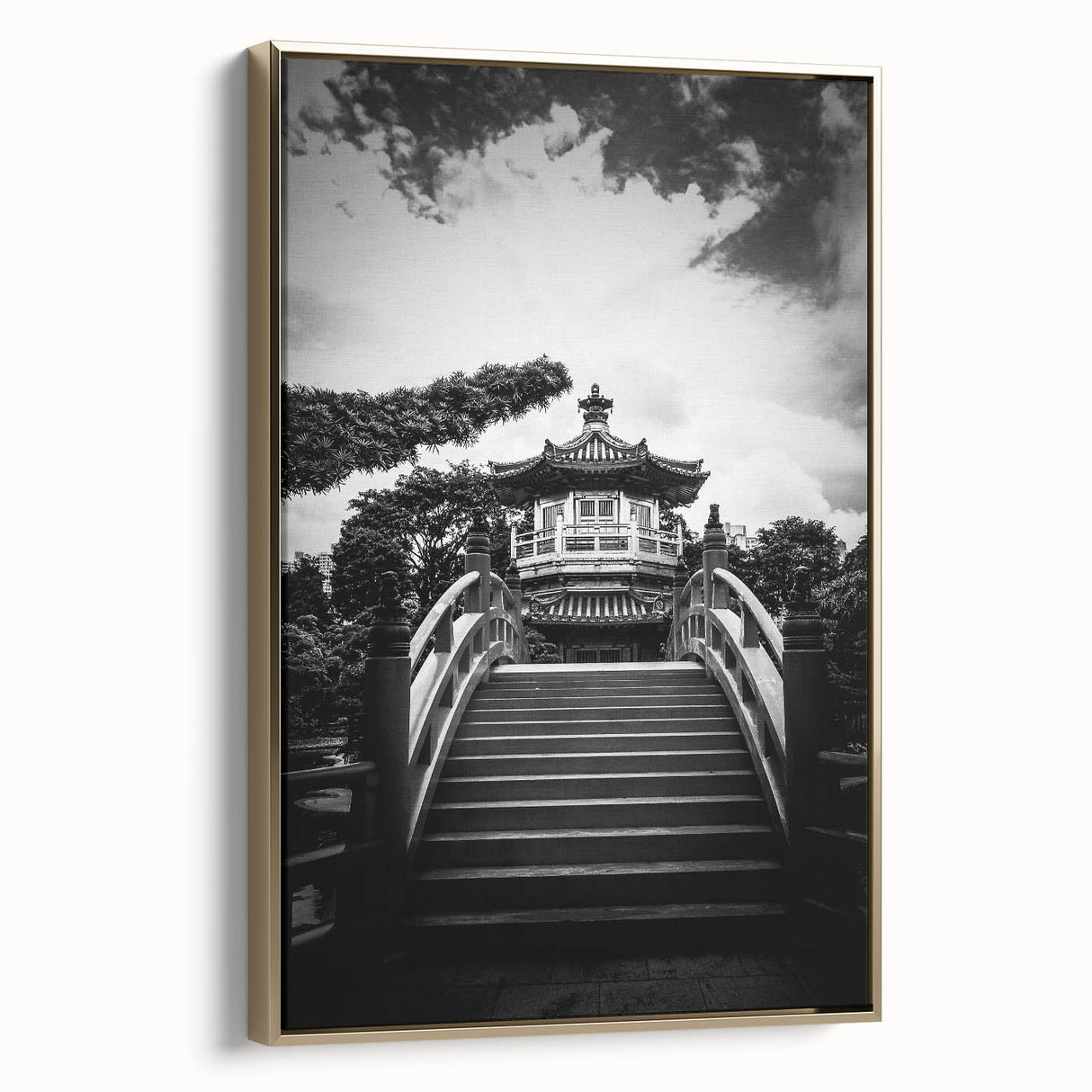 Framed canvas featuring a vintage-style Hong Kong landscape in black and gold tones, ideal for bedroom wall art.