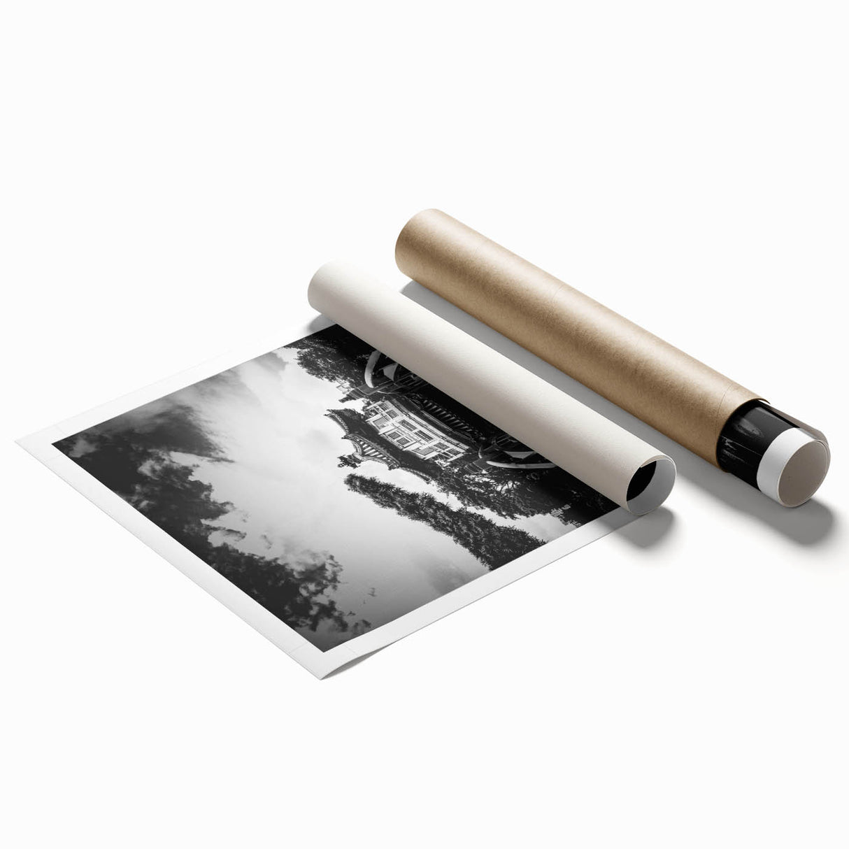 Extra large rolled print of Hong Kong skyline with floral accents in pastel colors.