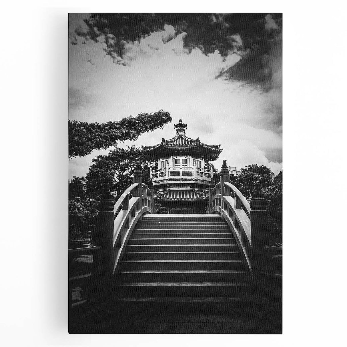 Black and white stretched canvas of Hong Kong skyline, ideal for kitchen wall art.