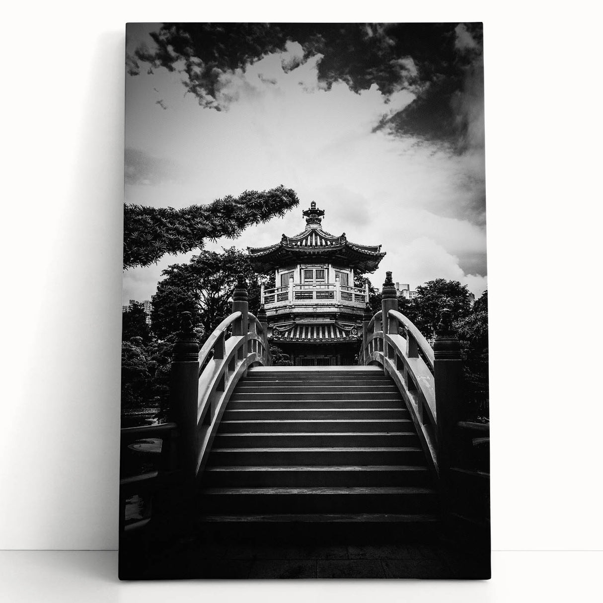 Black and white photograph of Hong Kong skyline on stretched canvas, ideal for kitchen wall art or bedroom ambiance.