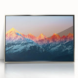 Mid-century modernist art depicting an Indian landscape in muted earth tones on a silver-framed acrylic print.