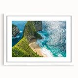 Abstract art print of Indonesian scenery in muted earth tones on a white-framed mat, ideal for dining room decor.