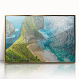 Large acrylic print of an Indonesian landscape in gold frame, featuring mid-century modernist style.