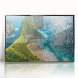 Mid-century modernist art depicting a serene Indonesian landscape in muted green and blue tones, framed in acrylic.