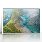 Acrylic print of a serene Indonesian landscape in muted green and blue tones, framed in white.