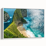 Vintage poster art of an Indonesian landscape on framed canvas, featuring vibrant colors and black accents.