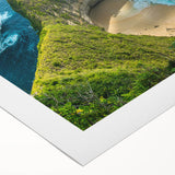 Art deco poster of a serene Indonesian landscape in muted green and blue tones on rolled canvas, ideal for dining room decor.