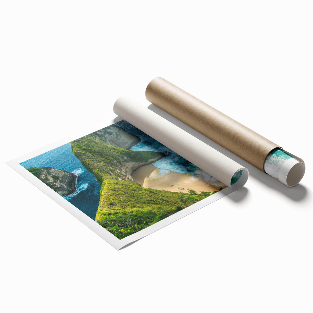 Extra large rolled print of a serene Indonesian landscape with lush florals in soft green and blue tones.