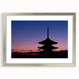 Textured abstract art print of a Kyoto scenery in muted green and brown tones, framed in silver, ideal for bedroom decor.