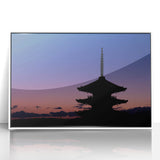 Art deco poster of Kyoto scenery in muted green and white tones, acrylic print framed in white.