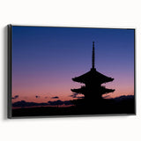 Black and white wall art featuring a vintage poster-style landscape of Kyoto on framed canvas, ideal for bedroom decor.