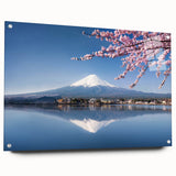 Acrylic print of Mount Fuji with soft pink and blue sky, ideal for bedroom or dining room wall decor.