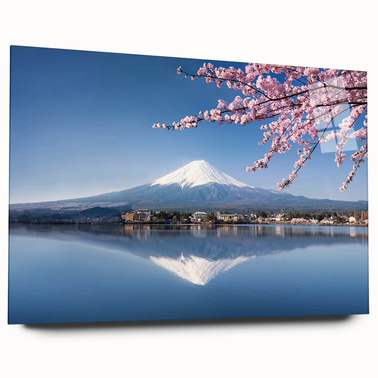 Acrylic print of Mount Fuji with soft blue and white tones, ideal for bedroom or dining room art.