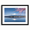 Extra large framed print of abstract Mount Fuji in vibrant colors, ideal for living room decor.
