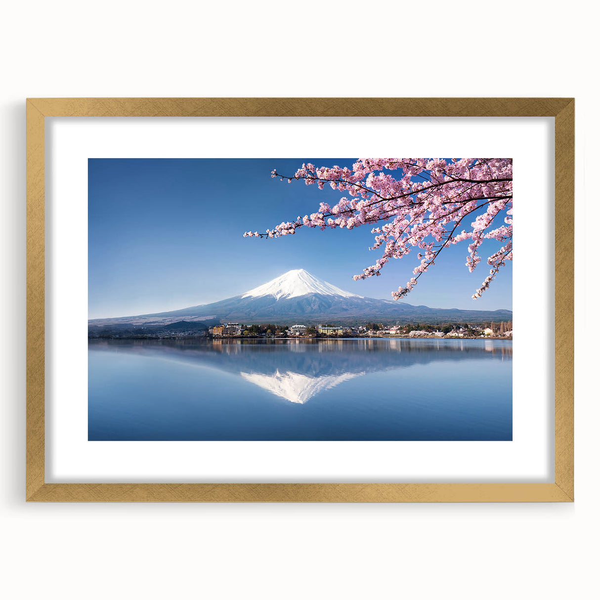 Extra large wall art of Mount Fuji in abstract style, with textured strokes and cool blue tones, framed in gold.