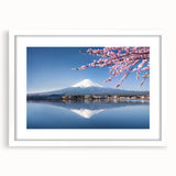 Abstract art print of Mount Fuji in pastel shades on a framed poster, ideal for dining room decor.