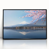 Large abstract wall art of Mount Fuji with muted gray and blue tones on a framed acrylic, ideal for modern living room decor.