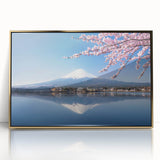 Framed acrylic print of Mount Fuji with gold accents in mid-century modernist style, suitable for modern art wall decor.