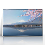 Art deco poster of Mount Fuji with pastel shades on framed acrylic, suitable for modern nursery wall art.