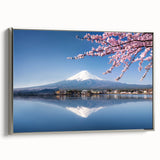 Landscape art painting of Mount Fuji with colorful foreground on a framed canvas, ideal for modern living room decor.
